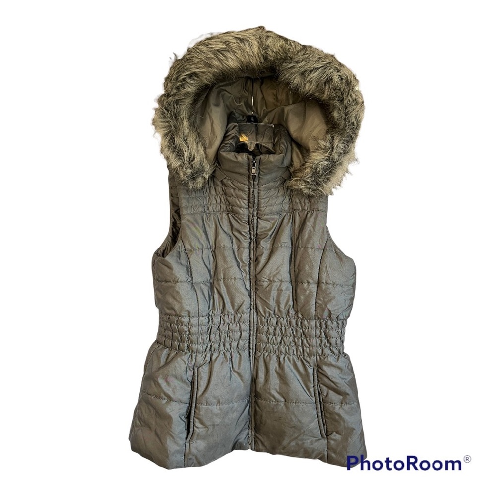New York & Company vest.  Silver. Faux fur hood. Medium